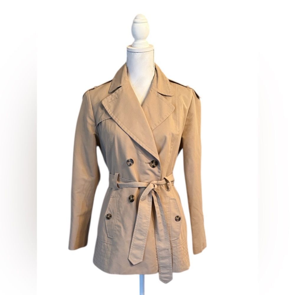 Larry Levine Tan Double-Breasted Trench Coat with Belt